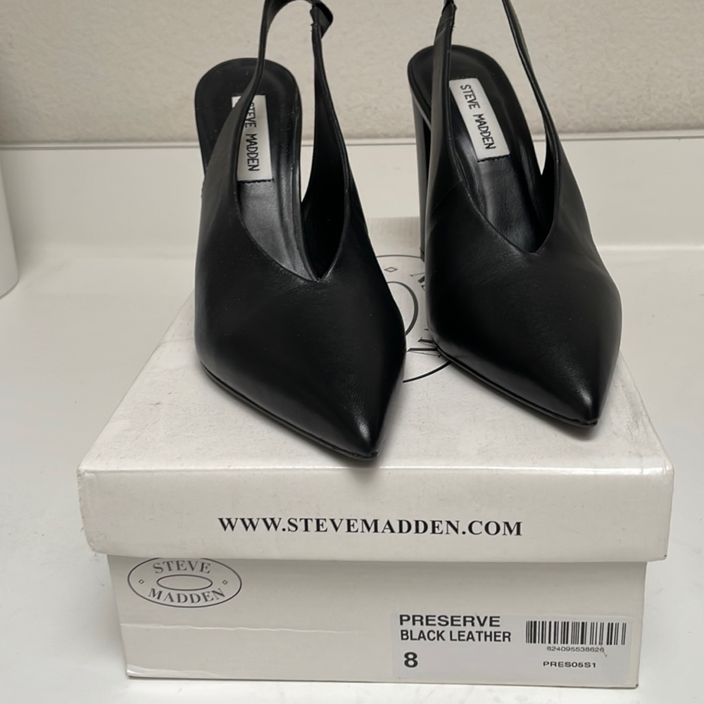Steve Madden preserve black leather heels. 4” heels sling back.